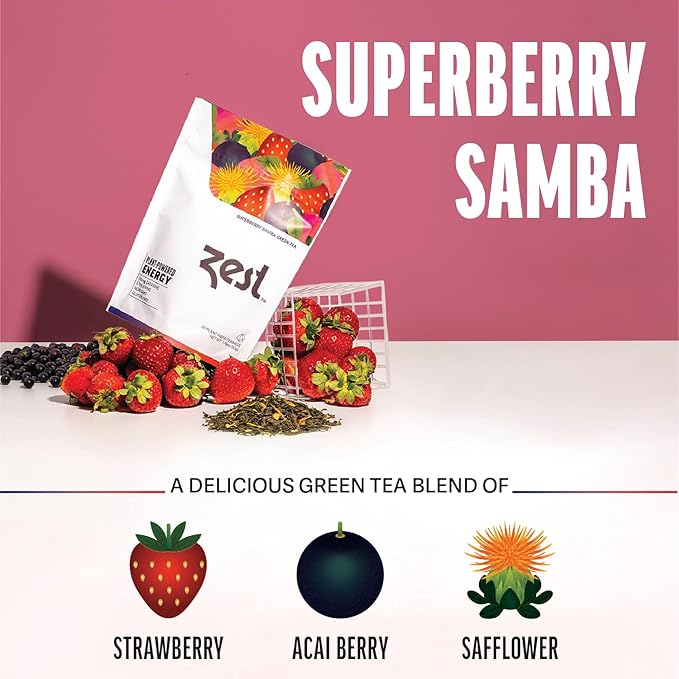 Zest Energy Green Tea - Superberry Samba - High Caffeine Strawberry, Acai, & Passion Fruit Tea - Caffeinated Coffee Altnernative with Antioxidants - Natural, Non-GMO & Keto - 20Ct Pack - 135mg Caf - Bloomnest