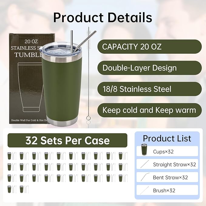 IEOVIEE 32 Pack, 20oz Stainless Steel Bulk Tumblers with Lids and Straws, Double Wall Insulated Travel Mug, Durable Powder Coated Tumbler Bulk Cup for Cold and Hot Drinks(Army Green) - Bloomnest