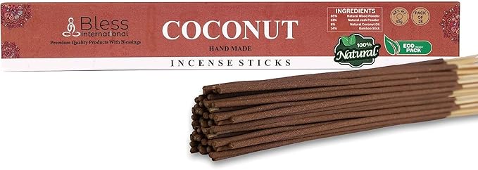Bless-Coconut 100%-Natural-Handmade-Hand-Dipped-Incense-Sticks Organic-Chemicals-Charcoal-Free Purification-Relaxation-Positivity-Yoga-Meditation Best-Woods-Scent (25 Sticks (1.4 OZ)) BlessInternational