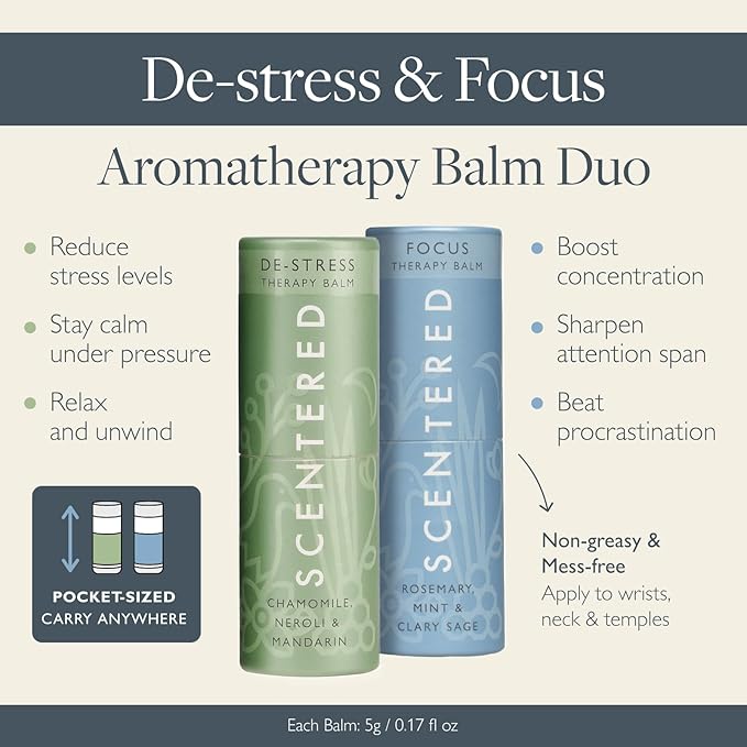 Scentered Aromatherapy Balm Stick Duo for Stress-Relief & Focus - Roll On Essential Oil Blends of Rosemary, Mint, Chamomile - Aromatherapy Gifts for Women - De-Stress & Focus - Bloomnest