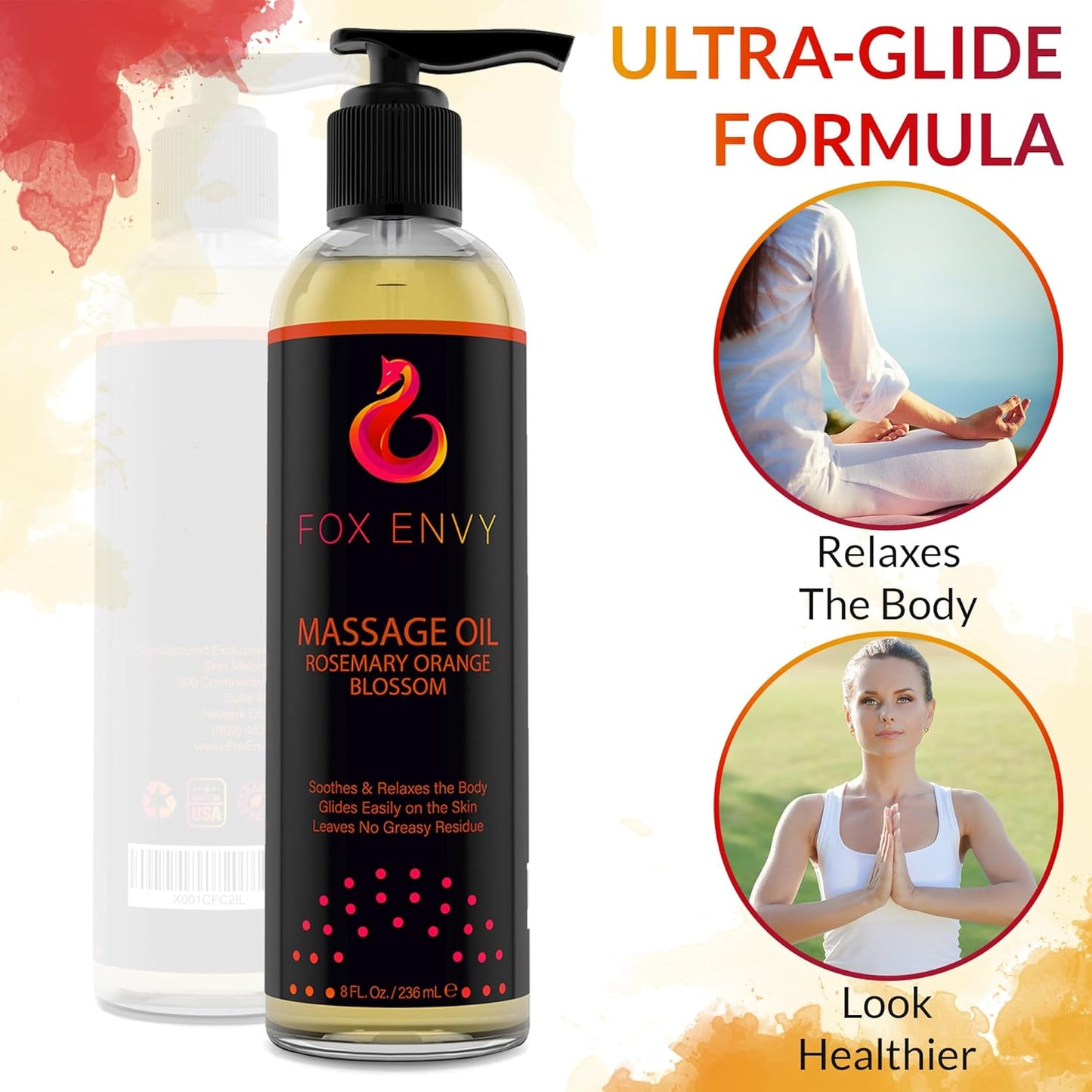 Massage Oil for Couples, Women & Men (1 Bottle, 8 fl oz) - Fox Envy Orange Blossom with Rosemary Scented Sensual Oil with Coconut Oil & Jojoba Oil - Enhances Stimulation for The Body & Muscles