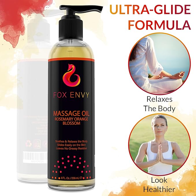 Massage Oil for Couples, Women & Men (1 Bottle, 8 fl oz) - Fox Envy Orange Blossom with Rosemary Scented Sensual Oil with Coconut Oil & Jojoba Oil - Enhances Stimulation for The Body & Muscles - Bloomnest