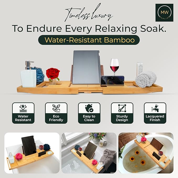 Luxury Foldable Bamboo Bathtub Tray - Wine Glass and Tablet Holder, Spa Bath Caddy for Relaxation, Gifts for Her, Him, Couples, Adjustable and Waterproof, Perfect for Birthdays, Weddings, Housewarming - Bloomnest