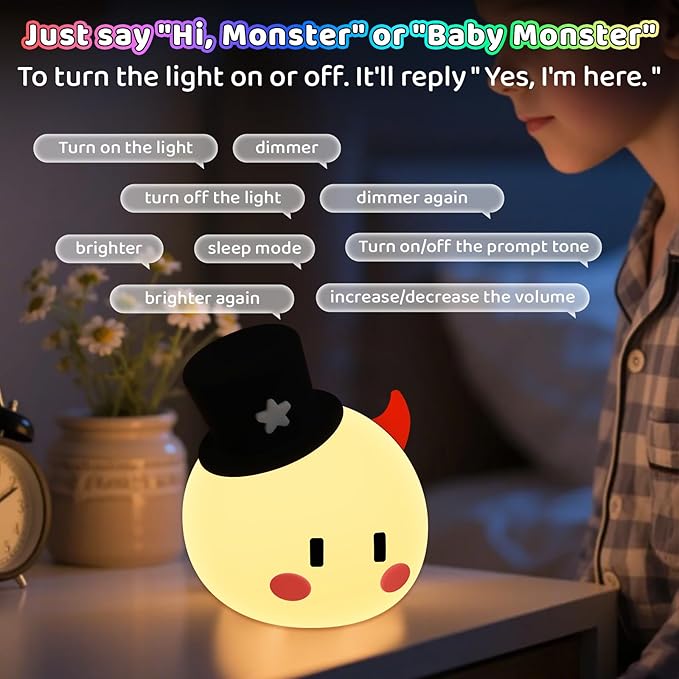 Monster Night Light for Kids, 8-Color Modes & Voice Controlled Light Lamps, Cute Soft Touch Silicone Portable Rechargeable Touch Nightlight for Breastfeeding, Bedroom Decor, Boys and Gifts for Girls - Bloomnest