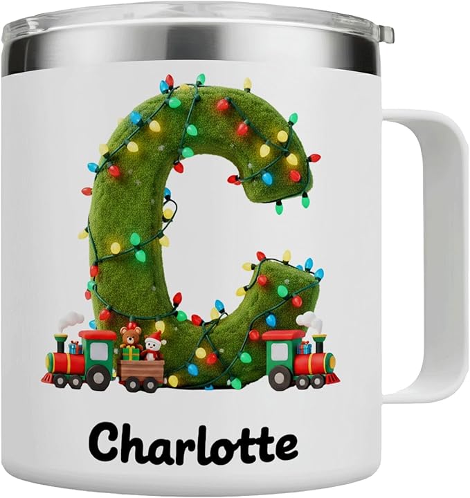 Personalized Kids Christmas Mug with Name, 12oz Insulated Tumbler with Handle, Custom Train Initial Cup, Holiday Xmas Gift for Boys, Son, Toddler Stocking Stuffer(B05) - Bloomnest