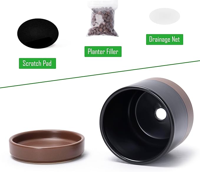 D'vine Dev Set of 2 Plants Pots, 4.7 Inch Ceramic Planter Pot for Plants with Drainage Hole and Saucer, Black/Speckled Tan, 94-V-B-7 - Bloomnest
