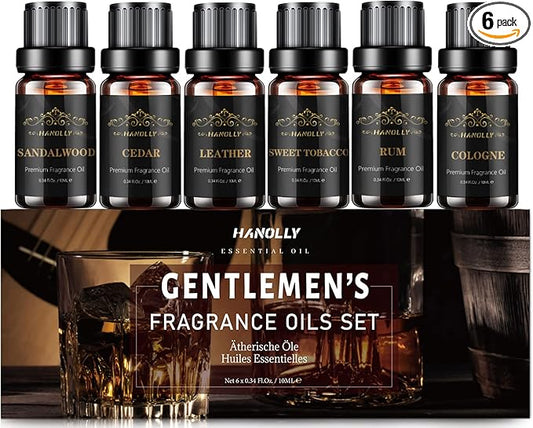 Essential Oils Set, Men Scents Fragrance Oil Aromatherapy Essential Oils Kit for Diffuser (6x10ML) - Sandalwood, Cedar, Leather, Sweet Tobacco, Rum, Cologne Aromatherapy Oils Gift for Men - Bloomnest