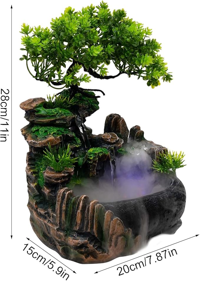 11-Inch Tabletop LED Waterfall Fountain with Atomizer – Quiet Resin Rockery Mist Humidifier for Bedroom, Office, Meditation or Gift Décor - Bloomnest