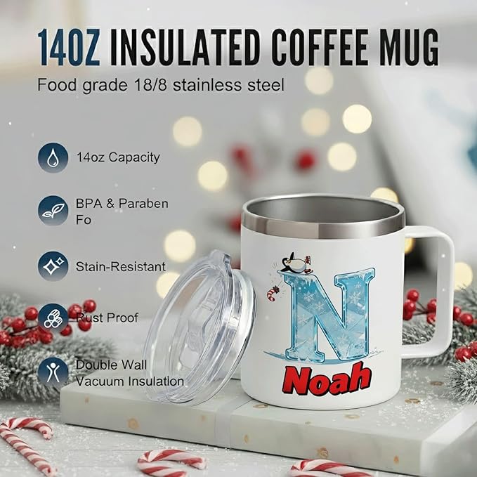 JugJug Personalized Christmas Mug with Ice Initial & Name - Funny Skating Penguin 12oz Insulated Coffee Cup w/Lid - Cool Xmas Gifts for Kids, Girls (B176) - Bloomnest