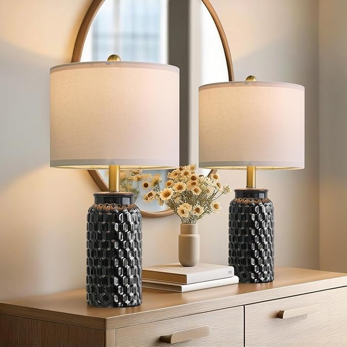20.5" Black Modern Ceramic Bedside Lamp Set of 2 for Bedroom Decor Farmhouse Table Lamp for Living Room Office Dorm - Bloomnest