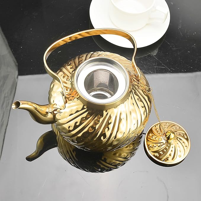SANQIAHOME 2000ml stainless steel antique style teapot,with Infuser, thickened boiling kettle, lifting handle,Gold - Bloomnest