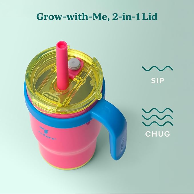 REDUCE 14 Oz Coldee Kids Tumbler with Lid and Straw - Coldee Insulated Travel Mug - Spill-Proof, Sweatproof Stainless Steel, BPA-Free - Includes Handle, Reusable Silicone Straw - Taffy Pink - Bloomnest