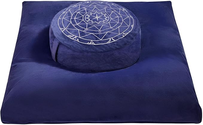 Zafu & Zabuton Meditation Cushion Set - Buckwheat Hull & Memory Foam Pillows, Ergonomic Support for Yoga, Mindfulness - Organic Velvet Cover, Large Size, Durable Comfort (Dark Blue) - Bloomnest