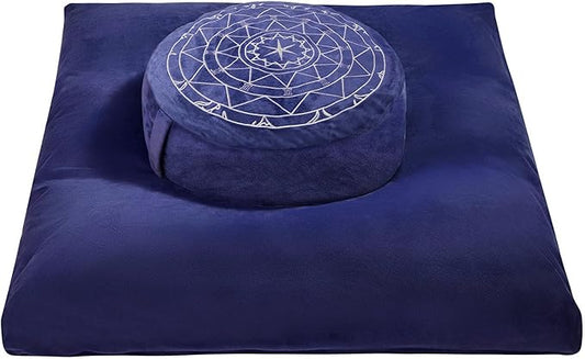 Zafu & Zabuton Meditation Cushion Set - Buckwheat Hull & Memory Foam Pillows, Ergonomic Support for Yoga, Mindfulness - Organic Velvet Cover, Large Size, Durable Comfort (Dark Blue) - Bloomnest
