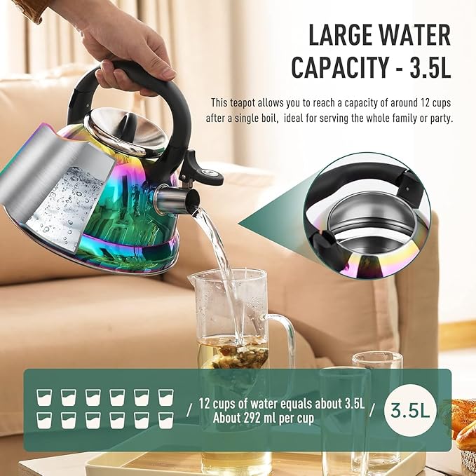 Tea Kettle, Kettle 3.7QT, Tea Pot Whistling 316 Stainless Steel, Tea Kettle Stovetop with Cool Folding Handle, Kettle Teapot Rainbow Induction for Boiling Water, Mirror Finish - Bloomnest