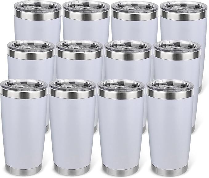 20oz Stainless Steel Tumbler Bulk with Lid, Travel Mug - Double Wall Vacuum Powder Coated Cup - White, 12 Pack - Bloomnest