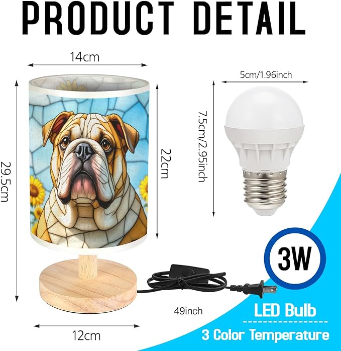 Bulldog Table Lamp LED 3-Color Pressed Bedside, Dog Shade Lamp with Wood Base for Bedroom Living Room Desk Office - Bloomnest