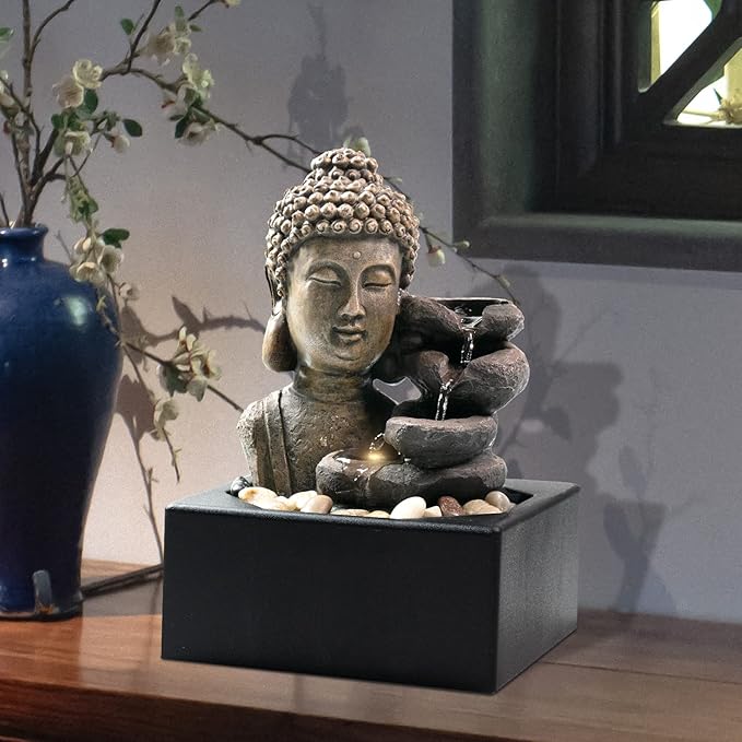 Ferrisland Tabletop Waterfall Fountain Indoor - Buddha Water Fountains 4-Tier Tabletop Waterfall of Zen Meditation Buddha Fountain with LED Warm Light for Office Home and Bedroom Desktop Decor - Bloomnest