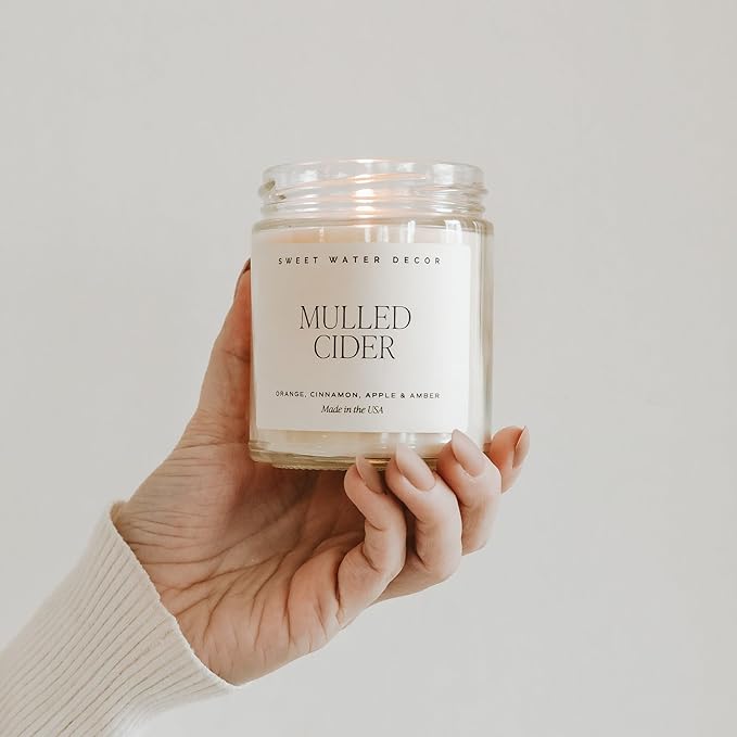 Sweet Water Decor Mulled Cider Candle - Fall Scented with Cinnamon, Icing and Cinnamon Buttery Pastry for Home - Fall Soy Candles with 40 Hours Burn Time - 9Oz Gold Lid Clear Jar Mulled Cider Scents - Bloomnest