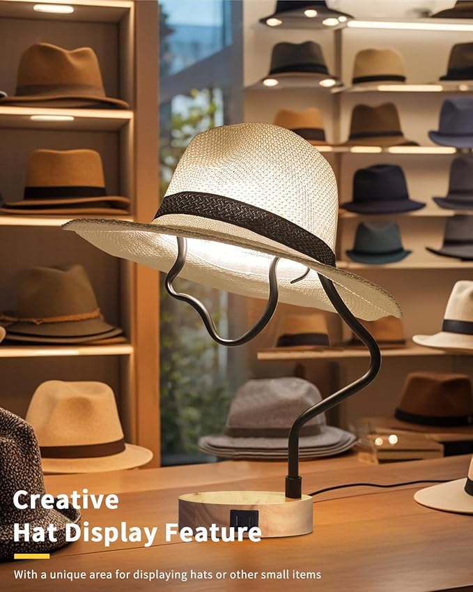 Touch Control Modern Table Lamp - Creative Hat Desk Lamp with USB C and A Ports, Cute Bedside Lamp, Wooden Base,Glass Shade, Unique Lamps for Home Decor, Living Room, Gifts (Hat Not Included) - Bloomnest