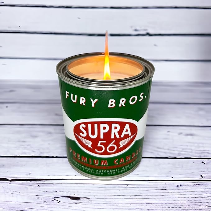 Fury Bros. Scented Candles for Men | Supra 56 | Sandalwood Patchouli Cedar | Natural Soy Wax | Hand-Poured in The USA | Long 70-80 Hour Burn (12.5 oz) | Vintage-Inspired Tin Design | Dad Home Gift - Bloomnest