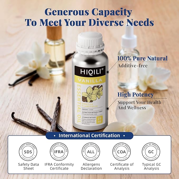 HIQILI 16 Ounces Vanilla Essential Oil, Strong Fragrance for Body Lotion, Candle Making, Soap, Aromatherapy -16 Fl Oz - Bloomnest