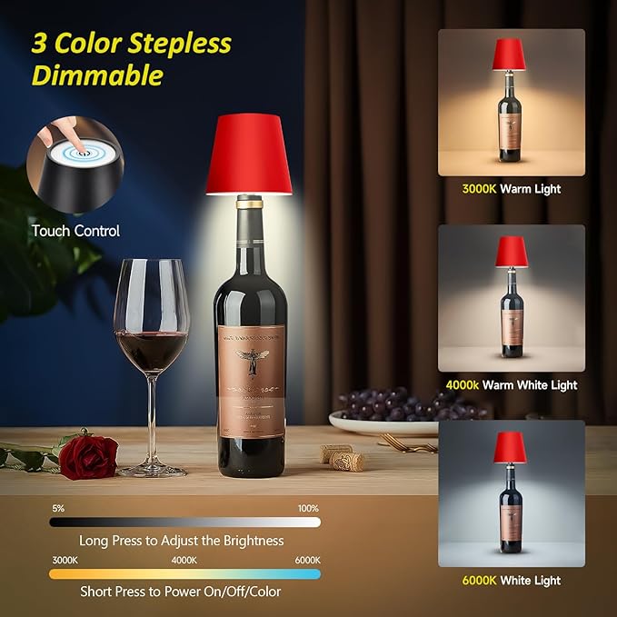 2025 New Wireless Bottle Lamp - LED Bottle Lights for Liquor & Wine Bottles, Cordless Lampshade, Whiskey Bottle Top Light, Bottle Stopper Night Light Kit, Rechargeable 3-Tone Touch-Dimmable - Bloomnest