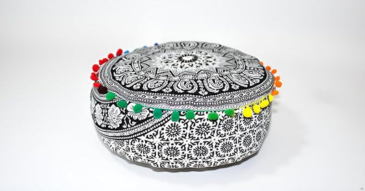 INDIAN CRAFT CASTLE ICC Mandala Barmeri Large Floor Pillow Cover Cushion Meditation Seating Ottoman Throw Cover Hippie Decorative Zipped Bohemian Pouf Ottoman Cases Black Elephant, 24" Round - Bloomnest