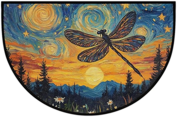 Half Round Door Mat, Starry Night Dragonfly Half Circle Rug for Home Decor Floor Indoor Outdoor Non-Slip Washable Floral Half Moon Rug Doormat 36X24 Inch - Bloomnest