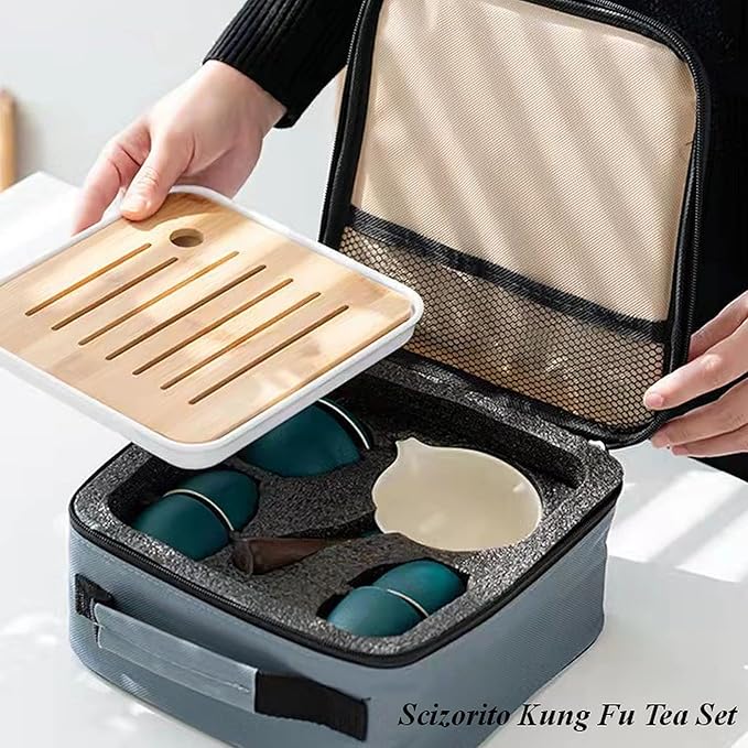 Ceramic Portable Travel Tea Set, Chinese Kungfu Tea Set with 360 Rotation Teapot and Infuser, 4 Tea Cups, Tea Tray And Travel Bag (Green)