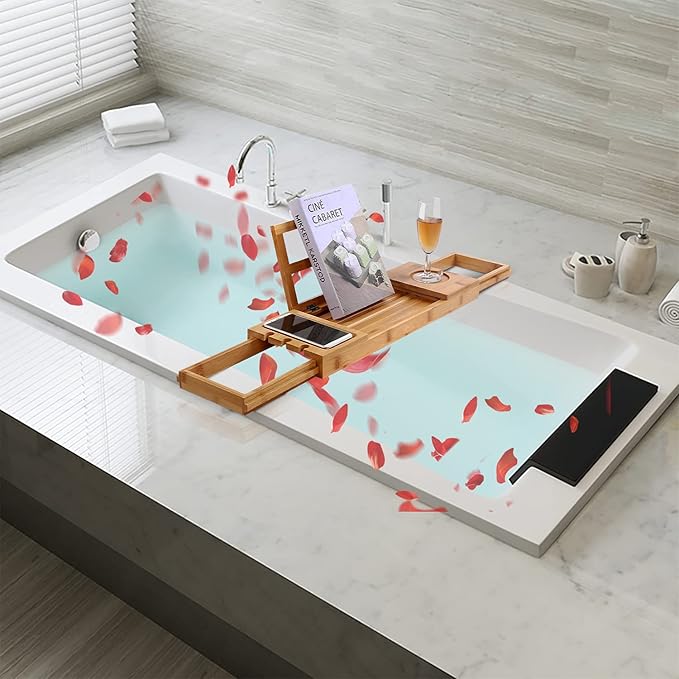Utoplike Bamboo Bathtub Caddy Tray Bath Tray for Tub, Adjustable Bathroom Bathtub Organizer with Book Tablet Wine Glass Cup Towel Holder - Bloomnest