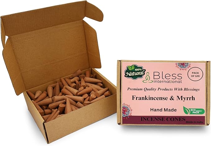 Bless International Frankincense-and-Myrrh 100%-Natural-Incense-Cones Handmade-Hand-Dipped Organic-Chemicals-Free for-Purification-Relaxation-Positivity-Yoga-Meditation The-Best-scents (120 Count)