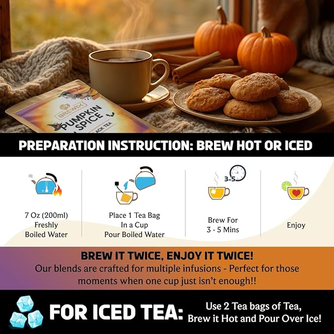BREWIX, Pumpkin Spice Black Tea Bags (25 Pyramid Bags) | Cozy Fall Blend with Cinnamon, Ginger, Nutmeg & Clove | Caffeinated, Warm & Aromatic | Perfect for Autumn & Halloween - Bloomnest