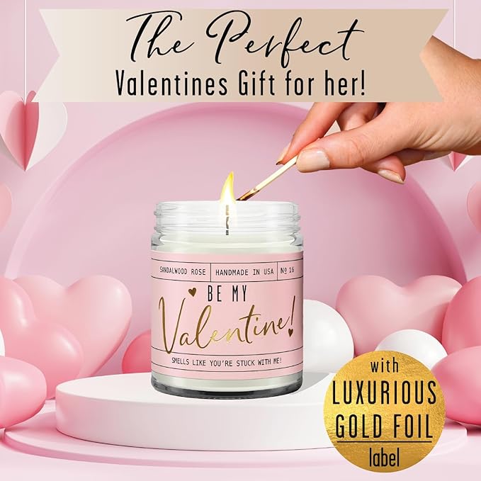 Valentines Day Gifts for Her, Valentine Candles, Valentines Gift for Girlfriend -Will You Be My Valentine Candle, w/Sandalwood & Red Roses I Valentines Gifts for Wife I 9oz, 50Hr Burn, USA Made - Bloomnest