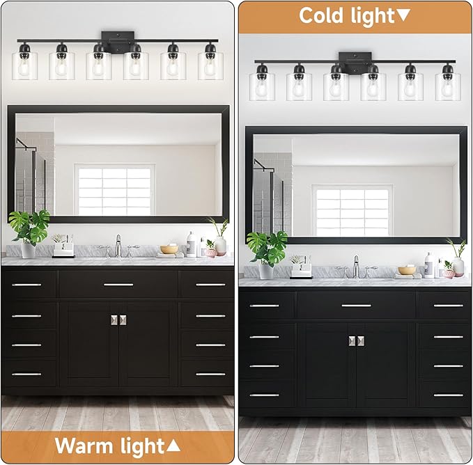 Modern 6 Light Bathroom Light Fixtures,38 inch Vanity Lights for Bathroom with Clear Glass, Black Vanity Light for Mirror Kitchen Living Room Hallway Cabinet Porch - Bloomnest