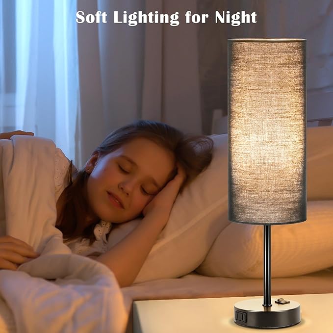 ZJOJO Table Lamp for Bedroom 2 Pack,18in Bedside Lamps with 3 Way Dimmable Rocker Switch & AC Outlet,Nightstand Desk Lamp with Black Fabric Shade Black Base for Living Room Home Decor Lights - Bloomnest