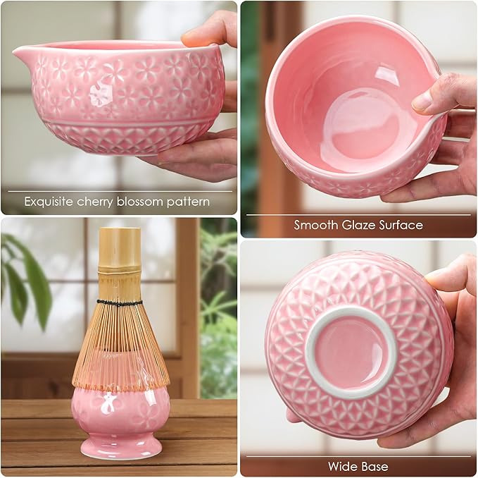 7Pcs Matcha Whisk Set, Ceramic Matcha Bowl with Spout, Bamboo Whisk and Holder,Bamboo Scoop,Scoop Rest,Sifter,Tea Towel, Matcha Kit with Cherry Blossom Carved Patterns for Matcha Lovers (Sakura Pink) - Bloomnest