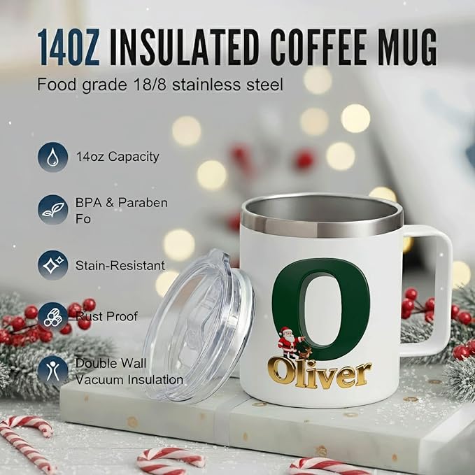 Personalized Christmas Insulated Coffee Mug with Handle – Custom Dark Green Initial Letter [C] Double Wall Stainless Steel Travel Tumbler for Drinks – Unique Holiday Gift for Men, Women, & Kids(B118) - Bloomnest