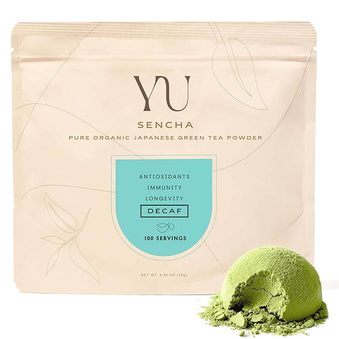 Yu Tea Decaf Organic Sencha Green Tea Powder, 100 Servings | Rich in Antioxidants, EGCG, & L-Theanine | Pure Japanese First Harvest Leaf | Caffeine-Free & Unsweetened | Resealable Pouch, 2.65 oz - Bloomnest