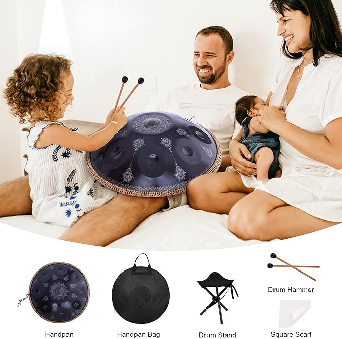 Handpan-Classic 10 Notes Black Print Hand Pan,Premium 432HZ 22 Inches D Minor Steel Handpan Drum Set,Adult's Music Steel Pan Instrument - Bloomnest