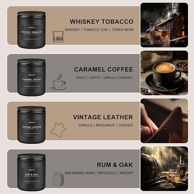 Scented Candles Set | Gifts for Men - 4Pack Candle Masculine Candle, Soy Candles for Home Scented, Aromatherapy Gifts Scents of Caramel Coffee/Whiskey Tobacco/Rum & Oak/Vintage Leather - Bloomnest