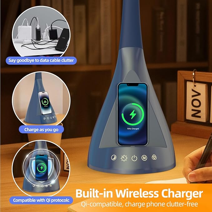 LED Desk Lamp with USB Charging Port, Dimmable Reading Light Touch Control and Eye Protection, Adjustable Brightness Table Lamp for Home Office Bedroom (Blue) - Bloomnest