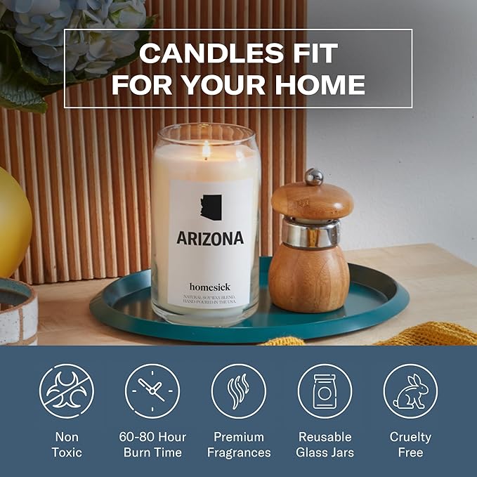 Homesick Scented Candles for Home (Arizona) - 13.75 oz Long-Lasting Soy Wax Jar Candle for Women & Men for All Occasions, 60-80 Hours Burn Time - Notes of Musk, Orange & Lime - Bloomnest