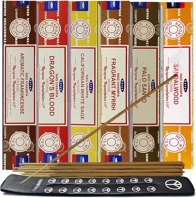 Satya Incense Sticks Variety Pack #10 and Holder Bundle with 6 Classic Fragrances Sandalwood Dragon's Blood Palo Santo White Sage TRUMIRI