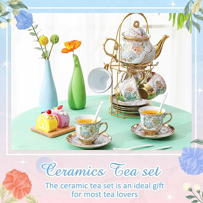 Zhehao 20 Pcs Porcelain Tea Set with Metal Holder and Spoon Adult Ceramic Tea Set European Flower Painting Teapot Cup Saucer Spoon for Women, Large Version(Minimalist Style) - Bloomnest