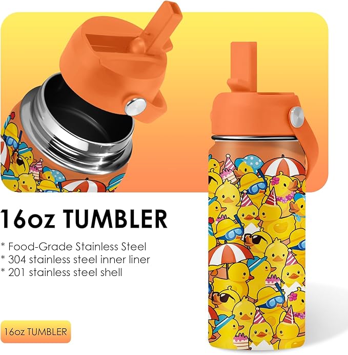 Duck Gifts for Boy Girls - 16oz Kids Water Bottle with Straw, Rubber Duck Stainless Steel Water Bottles Insulated, BPA-free, Leak-proof, Cute Cartoon Tumbler for School, Travel, Children Gift Cup(1pc) - Bloomnest