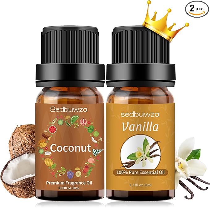 Sedbuwza Vanilla Coconut Essential Oil Set, Vanilla Fragrance Oil Coconut Scent Oil Set for Diffuser, Aromatherapy, Massage, Soap, Candle Making 2 x 10 ml Sedbuwza