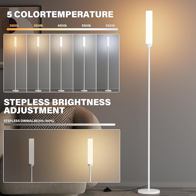 LED Floor Lamp with Remote Control, 65" Standing lamp with Stepless Adjustable 3000K-6500K Colors & 5%-100% Brightness, Foot Switch(White) - Bloomnest