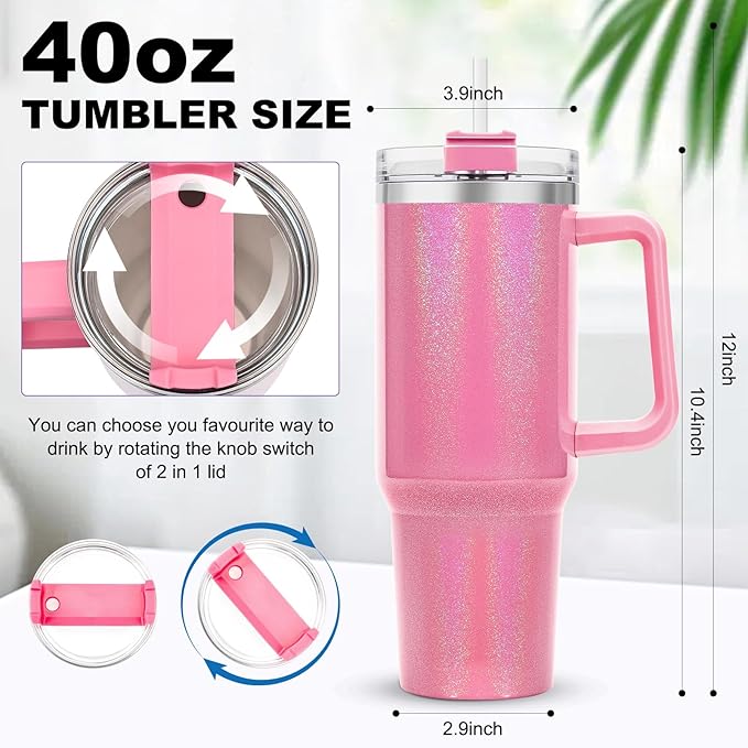 40 oz Tumbler with Handle and Flip Straw Lid, Vacuum Insulated Leak Proof Double Walled Stainless Steel Glitter Travel Mug Tumblers, Maintains Cold Ice and Heat for Hours(Pink) - Bloomnest