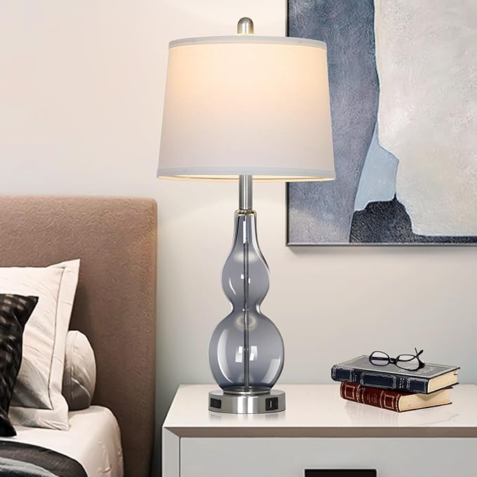 27.5" Gray Clear Glass Table Lamp Set of 2,3-Way Dimmable Touch Control Bedside Lamps with USB Ports and AC Outlet, Modern Nightstand Lamps for Bedroom Living Room - Bloomnest